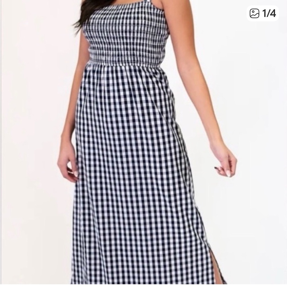 Amalli Talli Blue/White Gingham Check Cotton Smocked Front Maxi Tall Dress, XL